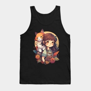 Girl & Ginger Cat Kawaii Anime Floral Cat Lover Tank Top